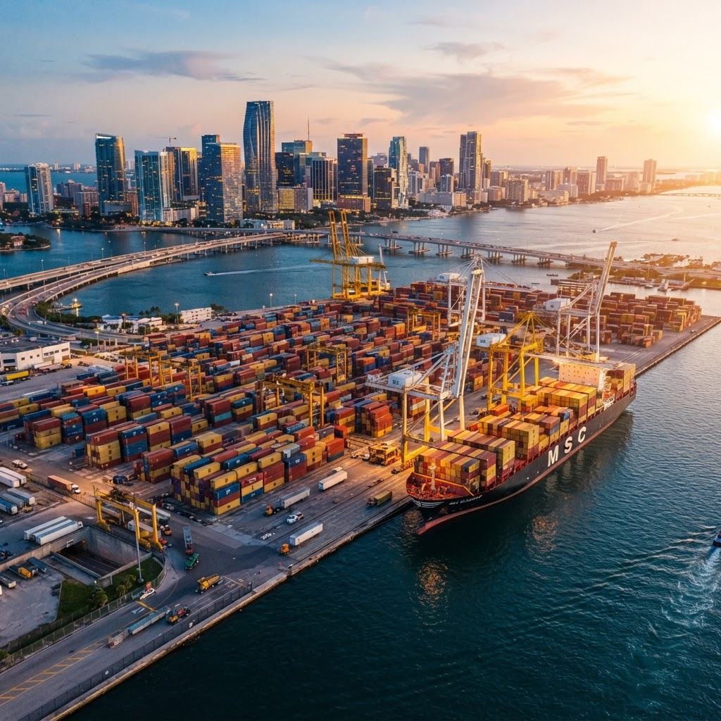 Puerto de Miami con contenedores de carga al atardecer